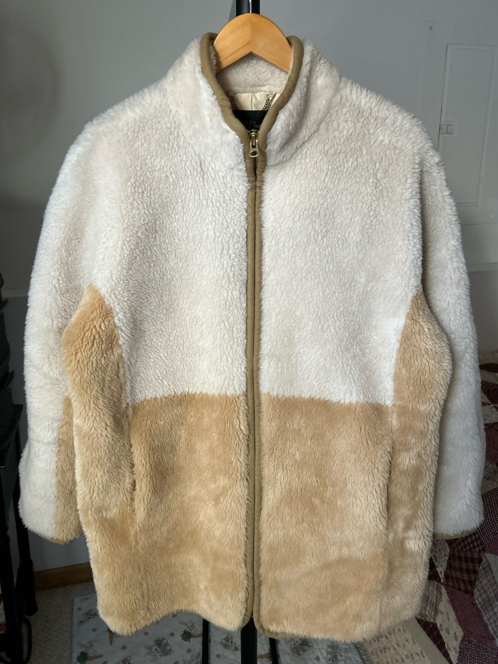 J. Crew Colorblock Zip Up Long Teddy Coat